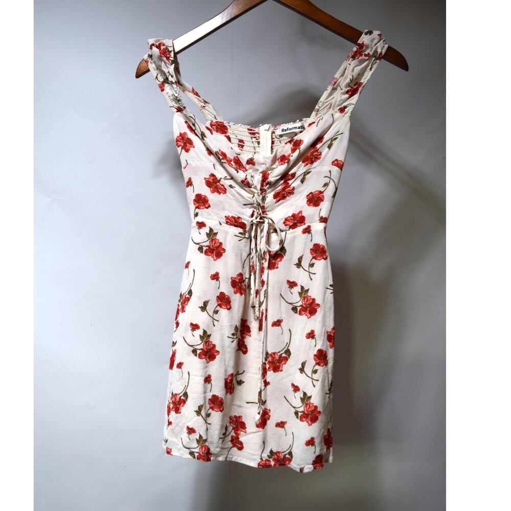 Reformation Floral Mini Dress Size 0 Ivory Red Ruched Lace-Up Smocked Back
